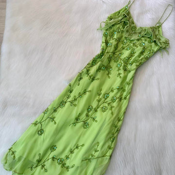 Niulatu Spaghetti Strap Sheath Long Prom Dresses Vintage Chiffon Beaded Green Formal Dresses HZ1026
